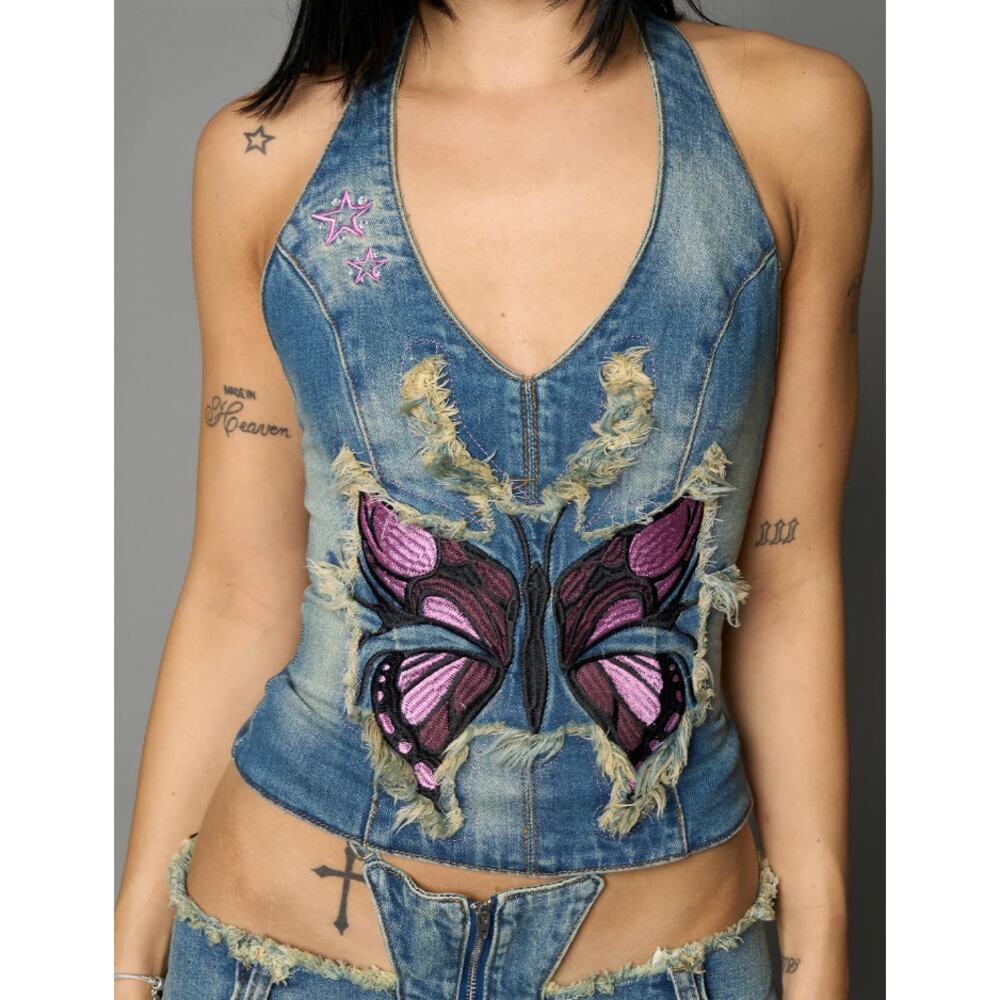 $64 Sold Out Namilia Denim Neckholder Top Small NWT